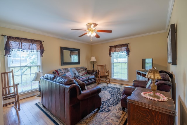 living room with ceiling fan, ornamental molding, and light hardwood / wood-style flooring