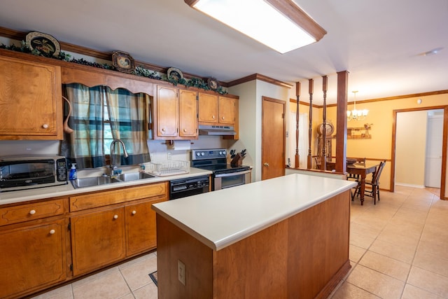 kitchen featuring light tile patterned flooring, dishwasher, sink, a center island, and electric range