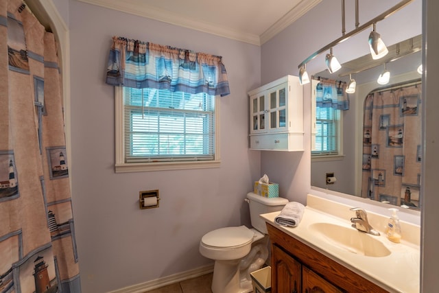 bathroom with crown molding, tile patterned flooring, vanity, a shower with curtain, and toilet