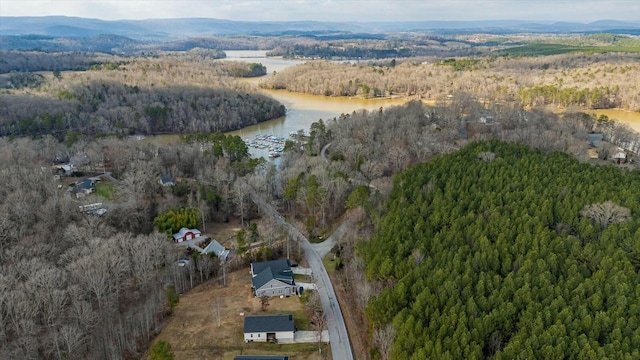 drone / aerial view with a water and mountain view