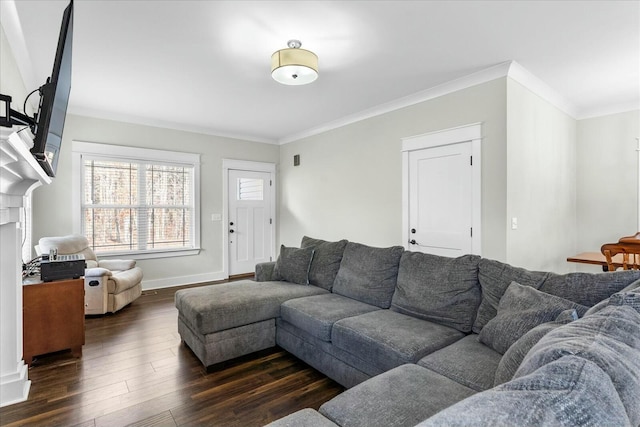 living room with dark wood-type flooring and ornamental molding