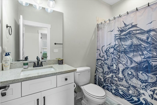 bathroom with vanity, toilet, and a shower with shower curtain