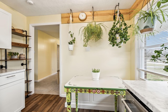 kitchen featuring white cabinetry, dark wood-type flooring, and a textured ceiling