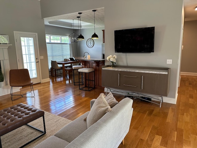 living room with sink, a tray ceiling, light hardwood / wood-style flooring, and a fireplace