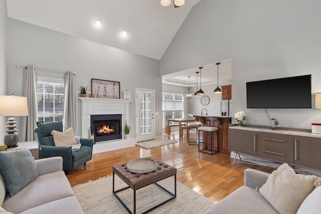 living room with high vaulted ceiling and light hardwood / wood-style floors