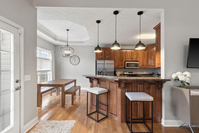 kitchen featuring pendant lighting, a breakfast bar, stainless steel appliances, a tray ceiling, and kitchen peninsula