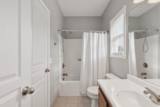 full bathroom with tile patterned flooring, vanity, shower / bathtub combination with curtain, and toilet