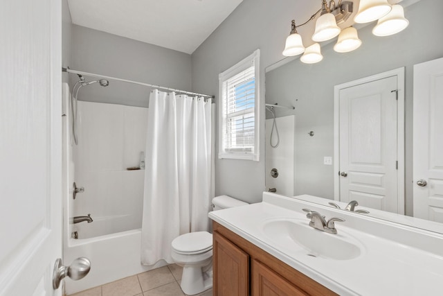 full bathroom featuring shower / bathtub combination with curtain, tile patterned flooring, an inviting chandelier, vanity, and toilet