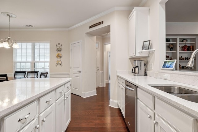 kitchen with white cabinetry, dark hardwood / wood-style flooring, dishwasher, pendant lighting, and light stone countertops