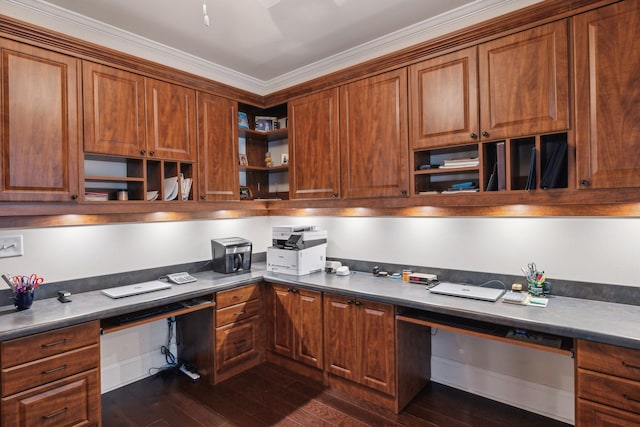 kitchen featuring built in desk and dark hardwood / wood-style flooring