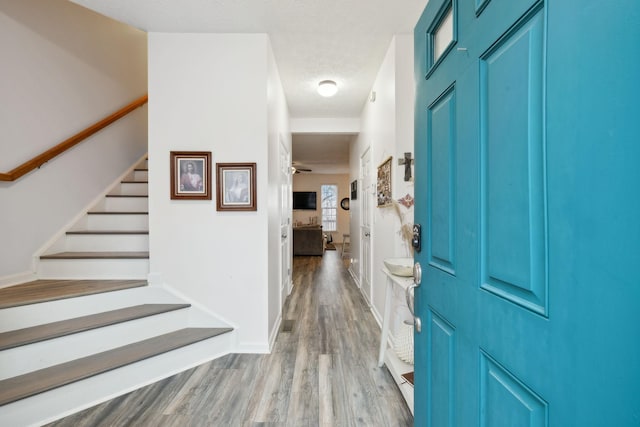 foyer entrance with hardwood / wood-style floors and a textured ceiling