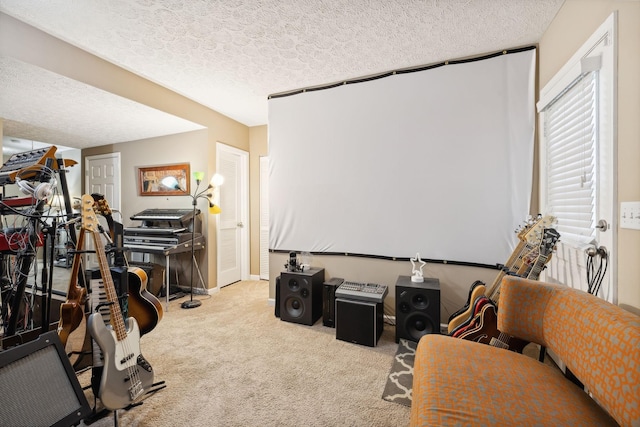 interior space featuring light carpet and a textured ceiling