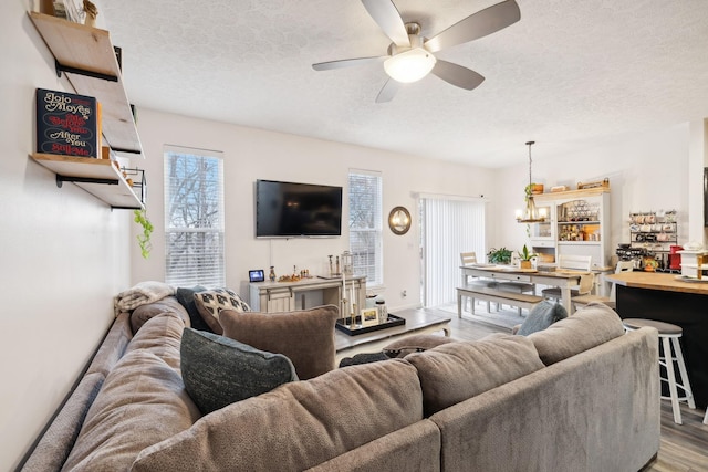 living room featuring wood-type flooring, ceiling fan with notable chandelier, and a textured ceiling