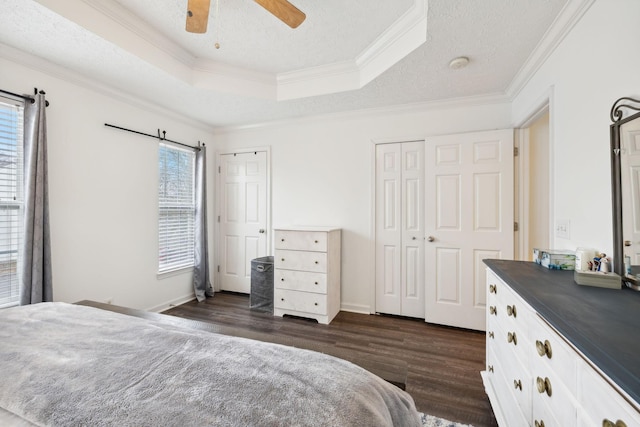 bedroom with a tray ceiling, ornamental molding, a textured ceiling, dark hardwood / wood-style flooring, and multiple closets