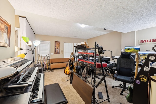 interior space with light carpet and a textured ceiling