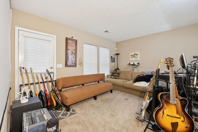 living room featuring light colored carpet and a textured ceiling