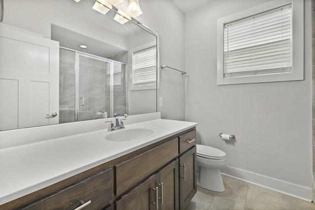 bathroom featuring vanity, an enclosed shower, tile patterned floors, and toilet