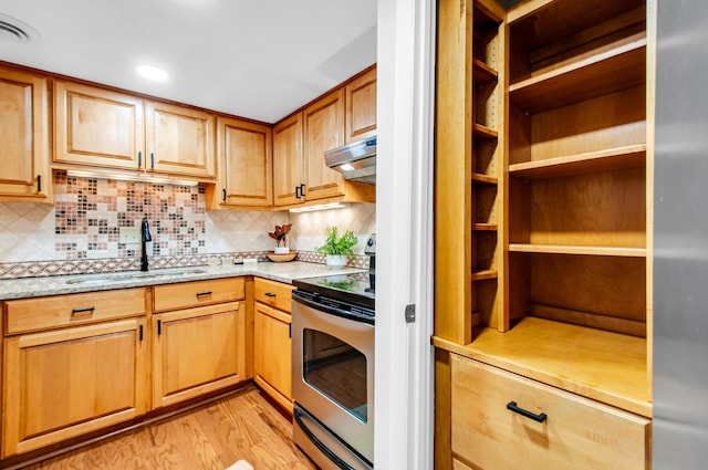 kitchen with sink, backsplash, light wood-type flooring, and electric stove