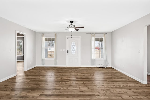 foyer entrance with a healthy amount of sunlight, baseboards, and dark wood-type flooring