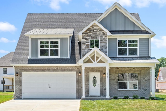 craftsman-style home with a porch, a garage, and a front yard