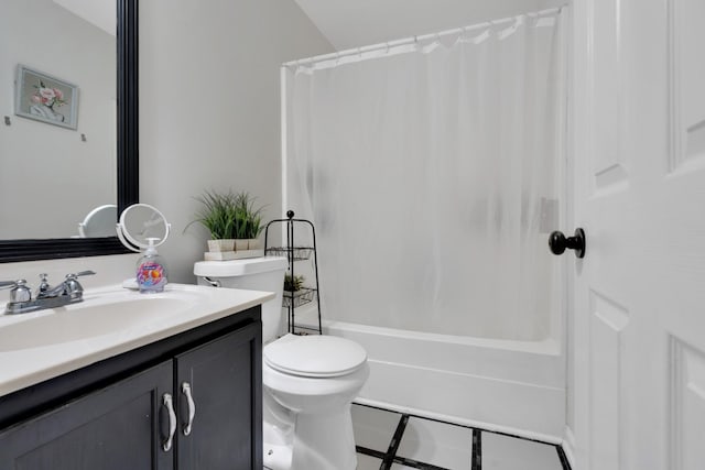 full bathroom with vanity, toilet, and shower / bath combo with shower curtain