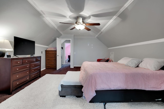 carpeted bedroom with vaulted ceiling and ceiling fan