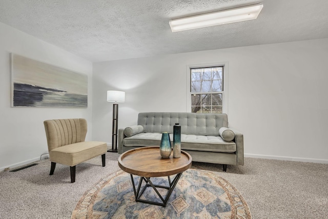 living room featuring carpet floors and a textured ceiling