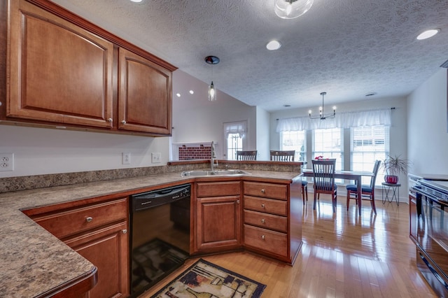 kitchen with sink, range with electric cooktop, dishwasher, pendant lighting, and light hardwood / wood-style floors