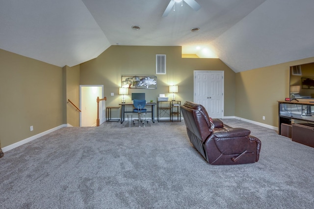 carpeted living room with lofted ceiling and ceiling fan