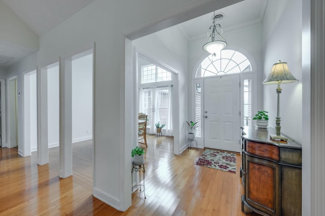 entrance foyer featuring ornamental molding and light wood-type flooring