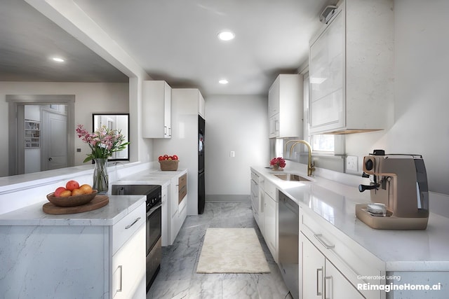 kitchen with sink, stainless steel dishwasher, white cabinets, and electric stove