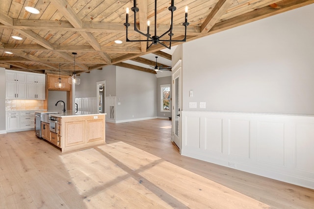 kitchen with pendant lighting, light brown cabinetry, white cabinetry, an island with sink, and wood ceiling