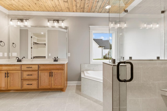 bathroom with vanity, tile patterned flooring, wood ceiling, and shower with separate bathtub