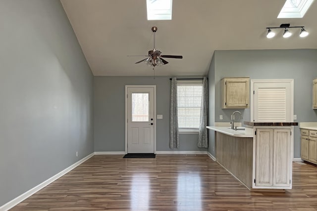 kitchen featuring hardwood / wood-style flooring, lofted ceiling with skylight, sink, and ceiling fan