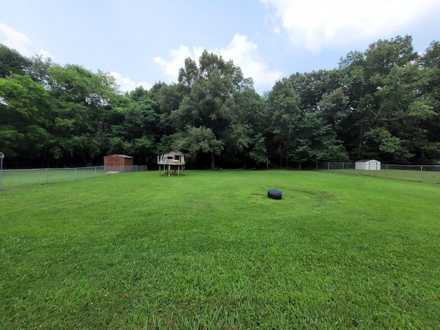 view of yard with an outbuilding, a storage shed, and fence