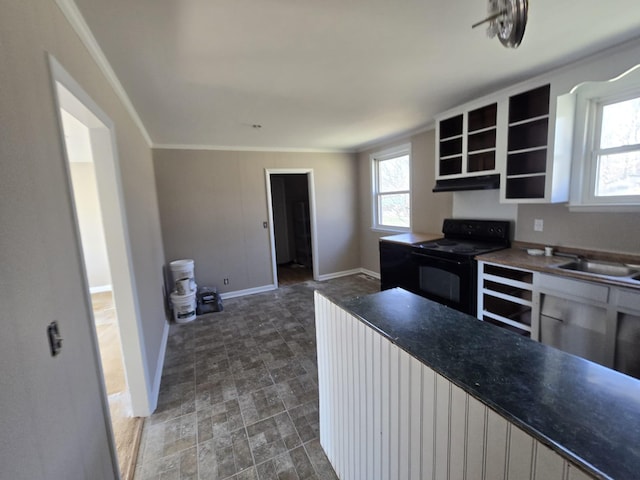 kitchen featuring open shelves, ornamental molding, a sink, under cabinet range hood, and black electric range oven