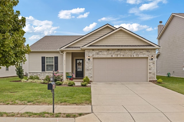 craftsman inspired home featuring a garage and a front yard