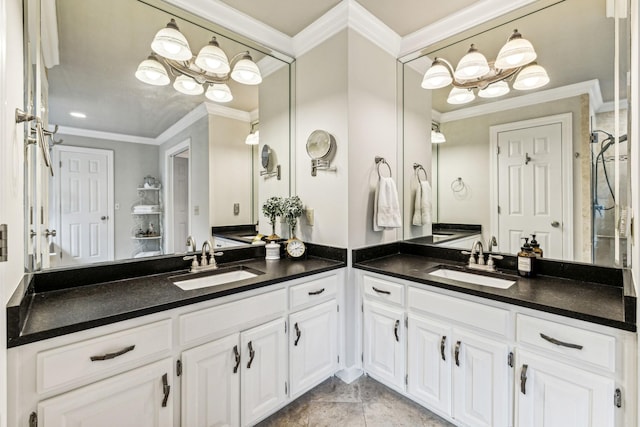 bathroom with vanity and ornamental molding