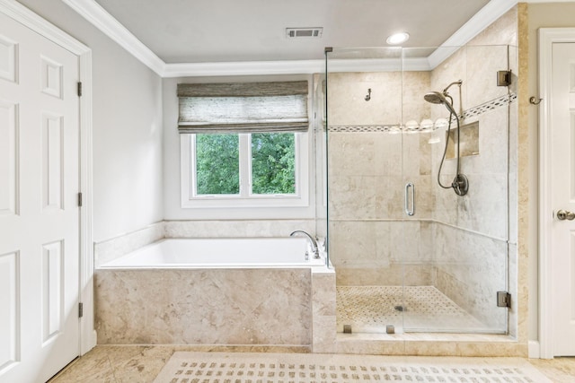 bathroom with crown molding, tile patterned floors, and plus walk in shower