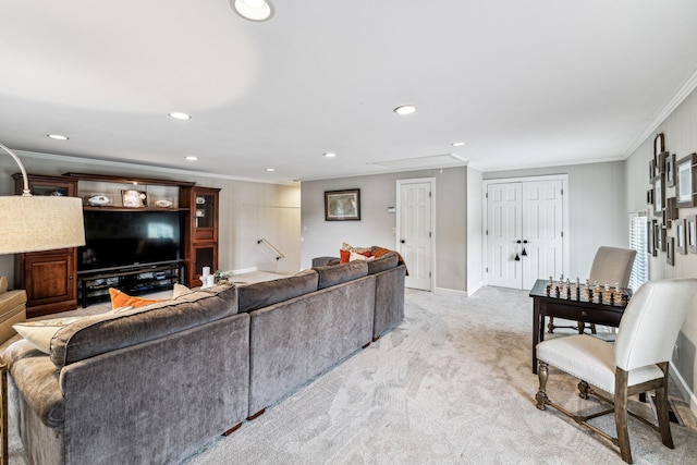 carpeted living room with crown molding