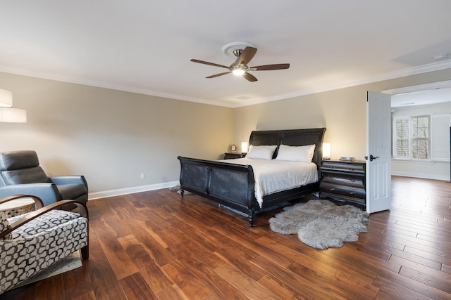 bedroom featuring crown molding, ceiling fan, and dark hardwood / wood-style flooring