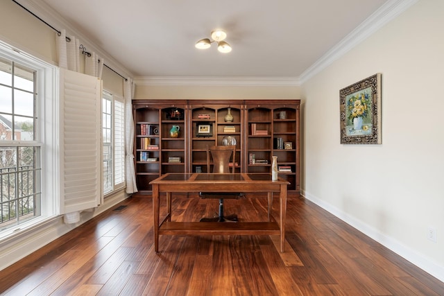 office space featuring dark wood-type flooring and ornamental molding