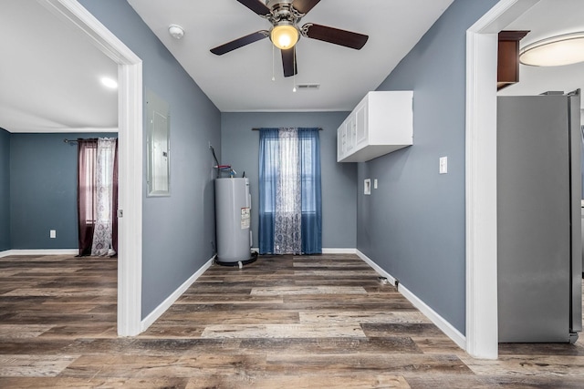 laundry area with dark hardwood / wood-style floors, electric panel, water heater, and ceiling fan