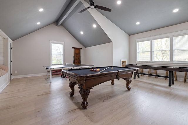 game room featuring light hardwood / wood-style flooring, pool table, and a wealth of natural light