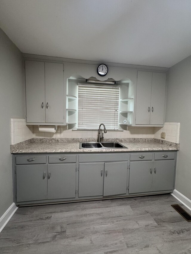 kitchen featuring open shelves, gray cabinets, a sink, and visible vents