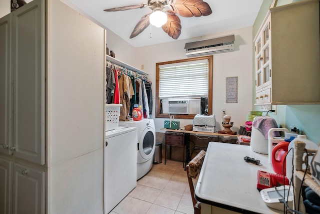 washroom featuring a wall mounted AC, cooling unit, light tile patterned floors, ceiling fan, and washing machine and dryer