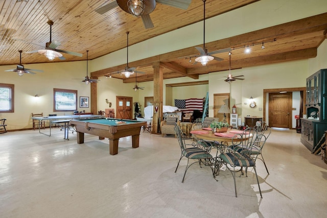 game room featuring a towering ceiling, wooden ceiling, and beamed ceiling