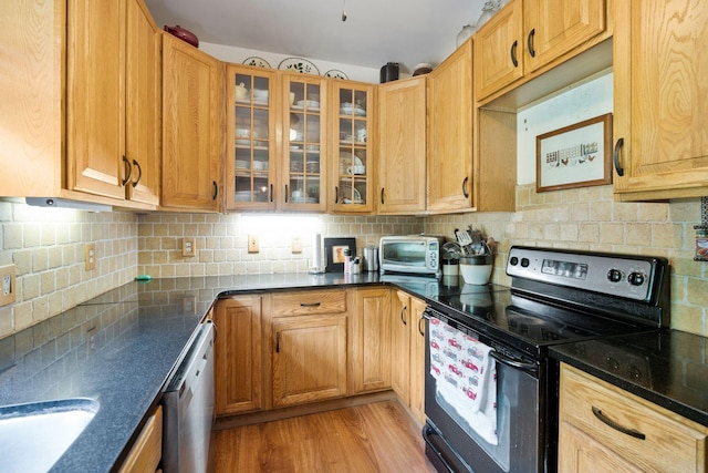 kitchen featuring decorative backsplash, light hardwood / wood-style flooring, and appliances with stainless steel finishes