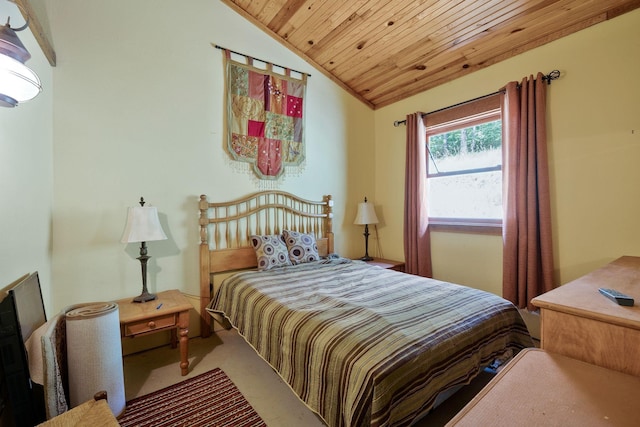 bedroom featuring carpet flooring, vaulted ceiling, and wooden ceiling