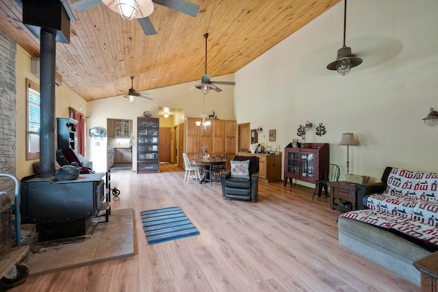 living room with ceiling fan, a wood stove, wood ceiling, and light hardwood / wood-style flooring